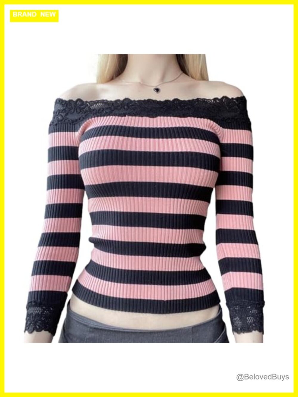 Off Shoulder Long Sleeve Lace Trim Ribbed Knit Crop Top Y2K Fairy Grunge